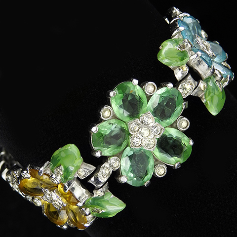 Trifari 'Alfred Philippe' Pastel Stones Blue Topaz Citrine and Large Peridot Flower and Enamel Leaves Floral Bracelet