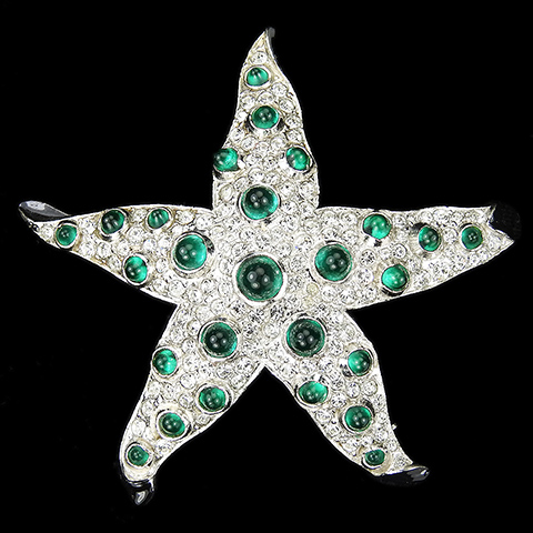 KTF Trifari 'Alfred Philippe' Pave Black Enamel and Emerald Cabochons Starfish Pin