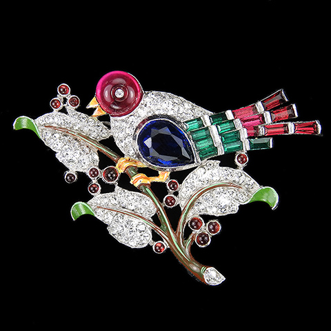 Trifari 'Alfred Philippe' Ruby Shoebutton Teardrop Sapphire and Emerald Baguettes Bird on a Branch Pin