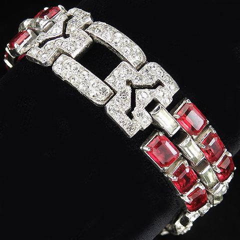 KTF Trifari 'Alfred Philippe' Pave Ruby and Diamante Baguettes Deco Link Bracelet