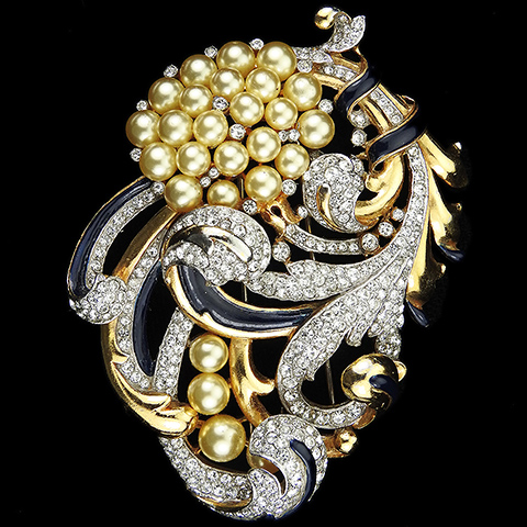 Trifari 'Alfred Philippe' Gold Pave and Enamel 'Empress Eugenie' Pearl Grapes on a Circular Swirling Vine Pin Clip