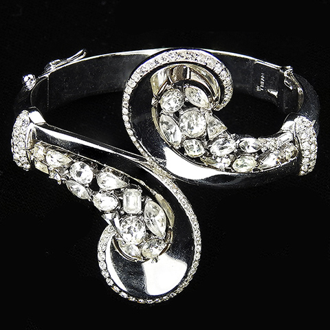 Trifari 'Alfred Philippe' 'Jeweled Symphony' Diamante and Silver Double Scrolls Sprung Bangle Cuff Bracelet