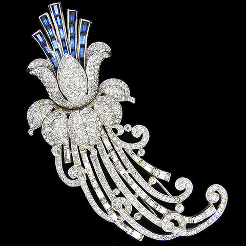 Trifari 'Alfred Philippe' Pave Baguettes and Invisibly Set Sapphires Giant Lotus Flower Swirl Pin Clip