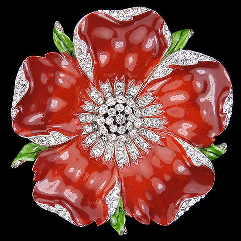 Trifari 'Alfred Philippe' 'Rue de La Paix' Pave Red Enamel and Green Leaves Giant Poppy Rose or Primrose Flower Pin Clip