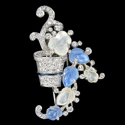 Trifari 'Alfred Philippe' Pave Enamel and White and Blue Moonstone Fruit Salads in a Pot Flower Basket Pin Clip