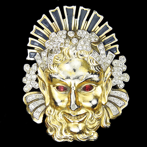 Trifari 'Alfred Philippe' Gold Pave and Enamel Bacchus Roman God Face Mask with Black Enamel Sunrays Headdress Pin Clip