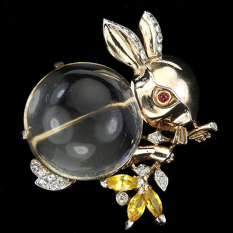 Trifari Sterling 'Alfred Philippe' Jelly Belly Rabbit Eating Pave and Citrine Leaves on a Branch Pin