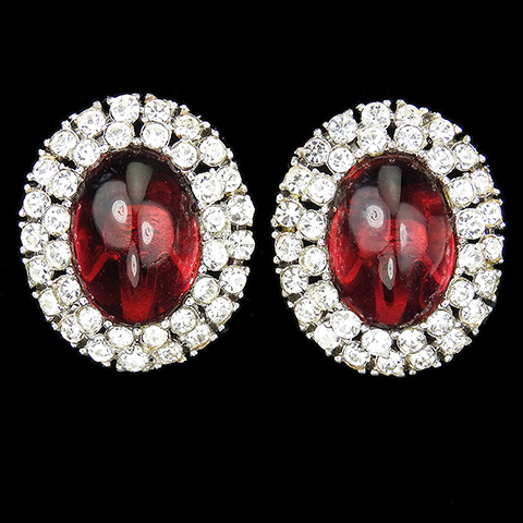 Trifari 'Alfred Philippe' Pave and Ruby Cabochon Clip Earrings