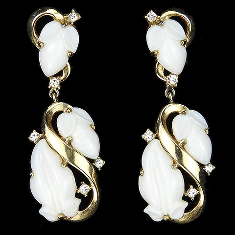 Trifari 'Alfred Philippe' Gold Diamante Spangles and Faux Ivory Fruit Salads Pendant Swirl Clip Earrings
