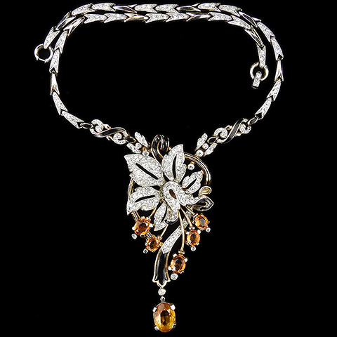 Trifari 'Alfred Philippe' Gold Pave Black Enamel and Citrines Flowers and Leaves Floral Spray Pendant Necklace