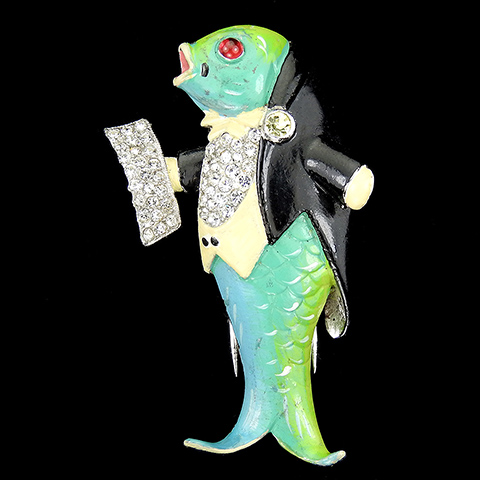 Trifari 'Joseph Wuyts' Pave and Enamel Opera Singing Fish Pin Clip