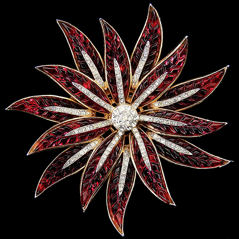 Trifari 'Alfred Philippe' Gold Pave and Invisibly Set Ruby Poinsettia Star Flower Pin