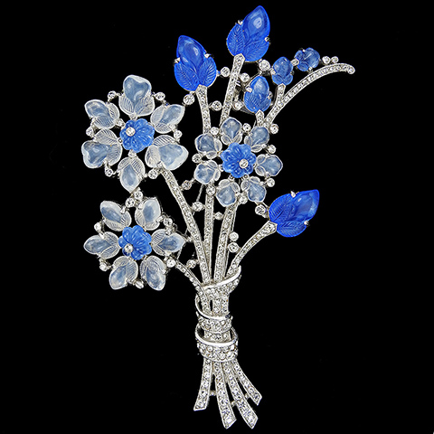 Trifari 'Alfred Philippe' Pave and Blue and White Moonstone Fruit Salads Giant Three Flower Floral Spray Pin Clip