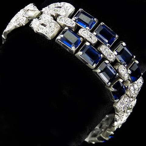 KTF Trifari 'Alfred Philippe' Pave and Oblong Cut Sapphires Three Element Deco Link Bracelet