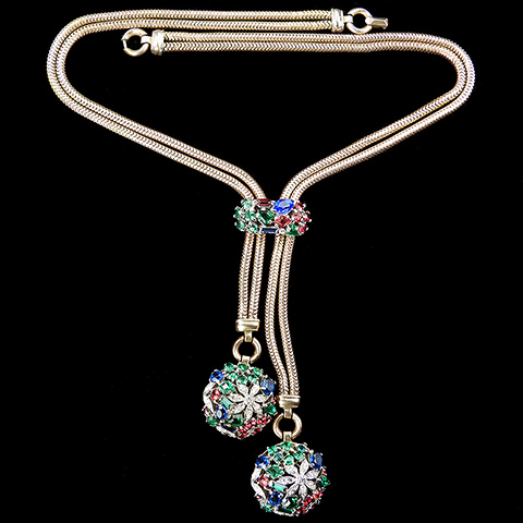 Trifari Sterling 'Alfred Philippe' 'Riviera' Gold Snake Chains and Double Pendant Tricolour Floral Globes Necklace