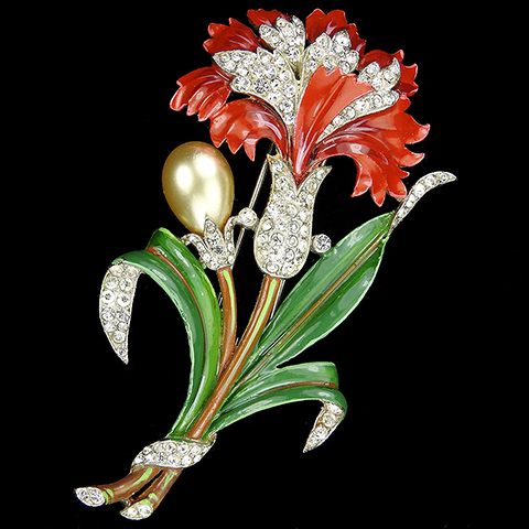 Trifari 'Alfred Philippe' Pave Enamel and Pearl Bud Large Red Carnation Pin Clip