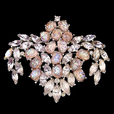 Trifari 'Alfred Philippe' 'Etoile' Pink and Amethyst Aurora Borealis and Lavarock Stones Chandelier Crest Pin