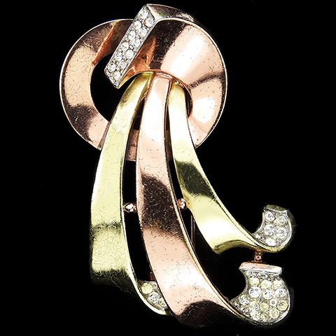 Trifari 'Alfred Philippe' Deco Yellow and Rose Gold Circle and Triple Bowknot Bow Swirl with Pave Accents Pin Clip