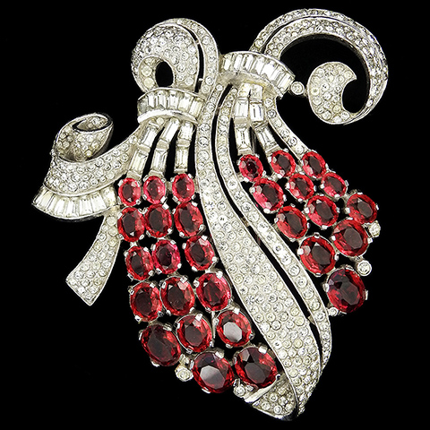 Trifari 'Alfred Philippe' Cascade of Ruby Grapes on Swirled Pave and Baguette Bowknots and Branches Pin Clip