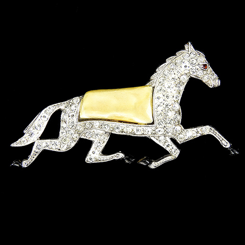 Trifari 'Alfred Philippe' Pave and Enamel Miniature Pearl Belly Running Racehorse Horse Scatter Pin