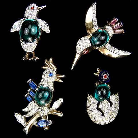 Trifari 'Alfred Philippe' set of Four Miniature Woodpecker, Hummingbird or Kingfisher, Penguin and Chick in Egg Bird Scatter Pins