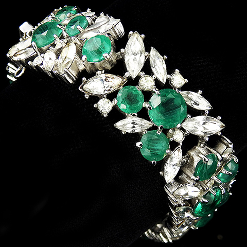 Trifari 'Alfred Philippe' Flawed Emerald Chatons and Diamante Navettes Floral Link Bracelet