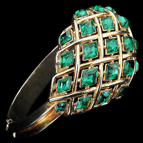 Trifari 'Alfred Philippe' 'Queen of Diamonds' Gold Openwork and Diamond Shaped Emeralds Bangle Bracelet