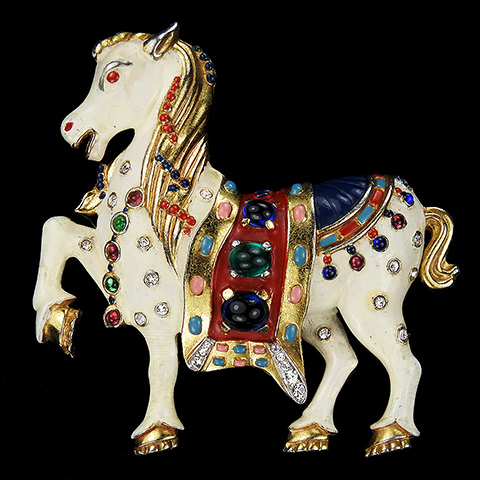 Trifari 'David Mir' Gold Enamel and Multicolour Cabochons Circus Horse Pin