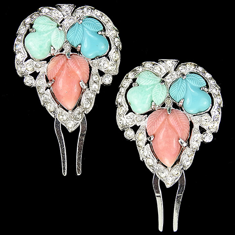 KTF Trifari 'Alfred Philippe' Pair of Pave Jade Turquoise and Coral Pastel Fruit Salad Hair Slides