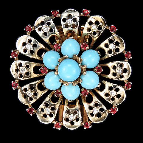 Trifari Sterling 'Alfred Philippe' Diamante and Ruby Spangles Turquoise Cabochons Flower Circle Pin Clip