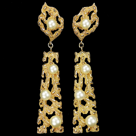 Trifari Gold Lattice and Pearls Modernist Pendant Clip Earrings
