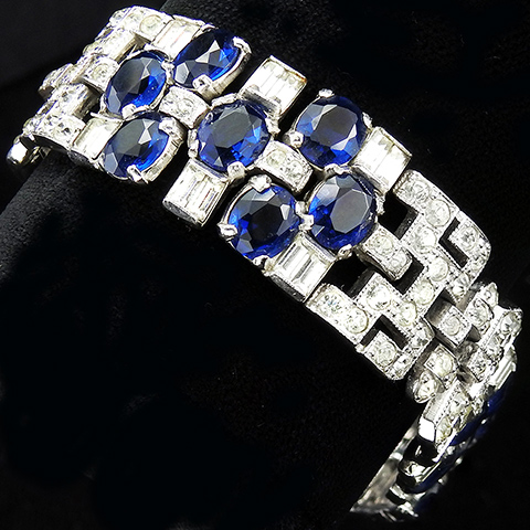 KTF Trifari 'Alfred Philippe' Pave Baguettes and Oval Cut Sapphires Three Element Deco Link Bracelet