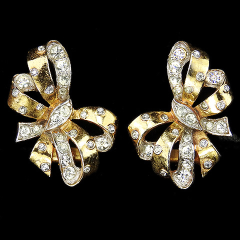 KTF Trifari 'Alfred Philippe' Gold and Pave Spangled Bowknot Bow Clip Earrings