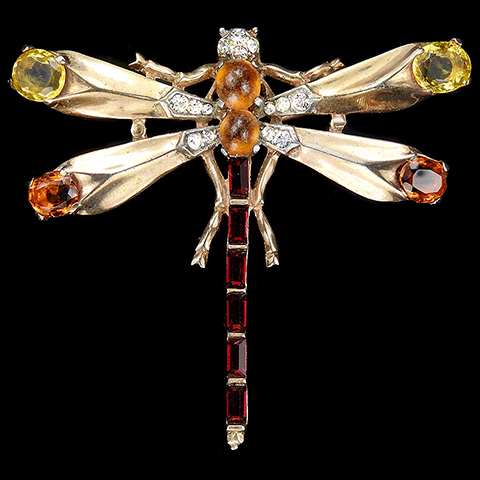 Trifari Sterling 'Alfred Philippe' Citrine Topaz and Ruby Baguettes Gold Dragonfly Pin