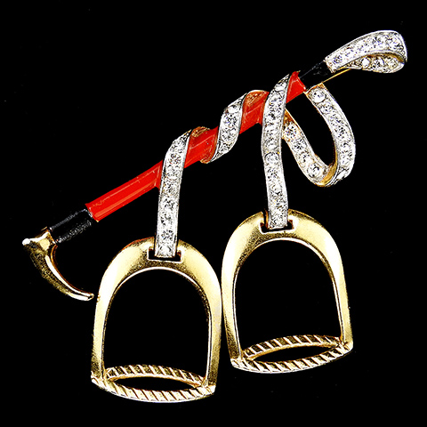 Trifari 'Alfred Spaney' Gold Pave and Enamel Equestrian Horse Riding Crop and Stirrups Pin