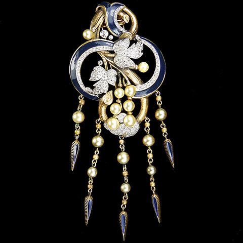 Trifari 'Alfred Philippe' Empress Eugenie Gold Pave Pearls and Blue Enamel Circular Bowknot Flower and Leaf Swirls Five Pendant Pin Clip