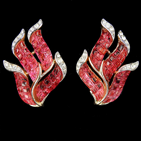 Trifari 'Alfred Philippe' Gold and Invisibly Set Ruby Leaf Clip Earrings