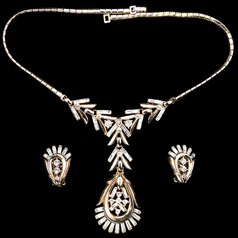 Trifari 'Alfred Philippe' Gold and Diamante Baguettes and Spangles Teardrop Pendant Necklace and Clip Earrings Set