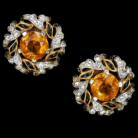 Trifari 'Alfred Philippe' 'Empress' Gold Citrine and Black Enamel Pave Scrolls Circular Floral Clip Earrings