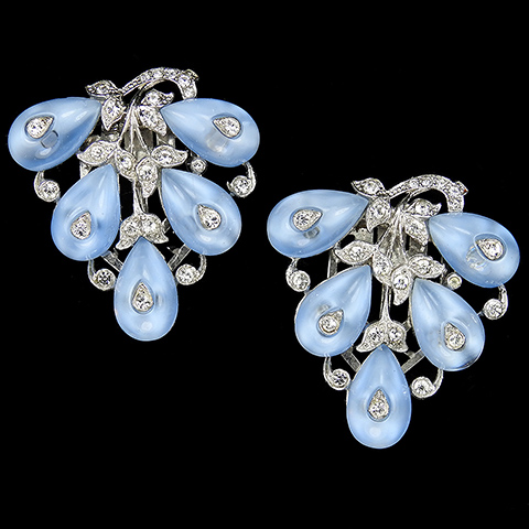 Trifari 'Alfred Philippe' Pave and Aquamarine Teardrop Shoebutton Cabochons Grapes on Vines Pair of Dress Clips