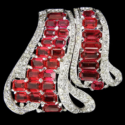 KTF Trifari 'Alfred Philippe' Pave and Ruby Double Large and Small Bow Swirls Pin Clips or Clipmate Pin