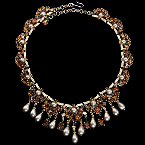 Trifari 'Alfred Philippe' 'Maharajah' Gold Smoke Topaz and Brown Pearls Multiple Pendants Necklace