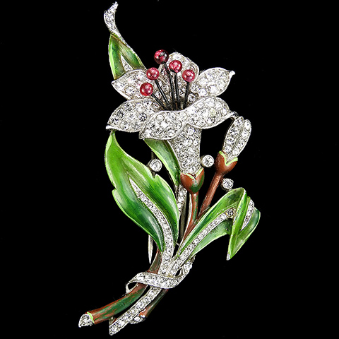 Trifari 'Alfred Philippe' Pave Enamel and Ruby Cabochons Lily Flower Pin Clip