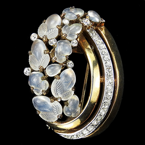Trifari 'Alfred Philippe' 'Fragonard' Gold Pave and Moonstone Fruit Salads Elliptical Bow Swirl Pin Clip