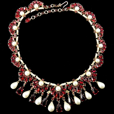 Trifari 'Alfred Philippe' 'Maharajah' Gold Ruby Chatons and Pearls Multiple Pendants Necklace