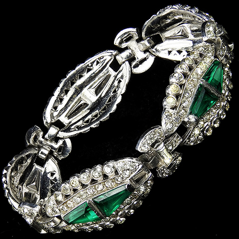 KTF Trifari 'Alfred Philippe' Trapezoid Cut Emeralds and Pave Deco Five Link Bracelet