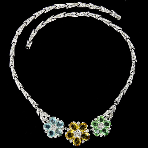 Trifari 'Alfred Philippe' Peridot Citrine and Aquamarine Three Pastel Flowers Choker Necklace
