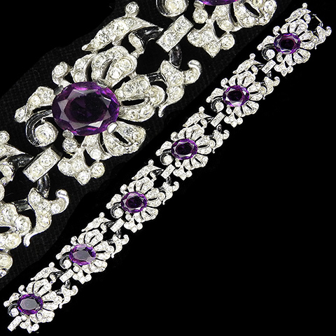 Trifari 'Alfred Philippe' Pave Black Enamel and Amethysts Floral Link Bracelet