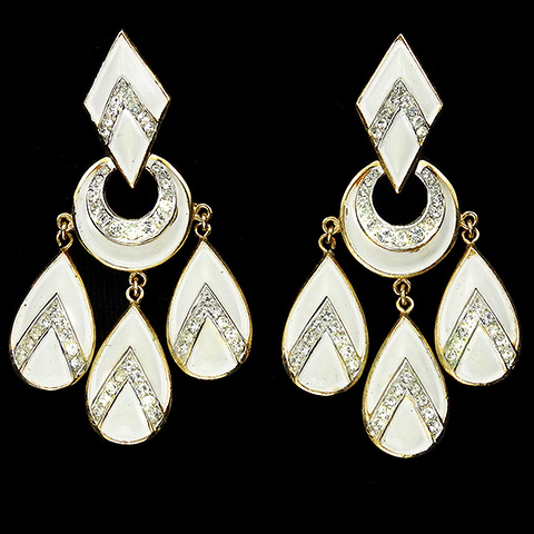 Trifari Pave and White Enamel Chevrons Diamond Crescent and Teardrops Multiple Pendant Clip Earrings