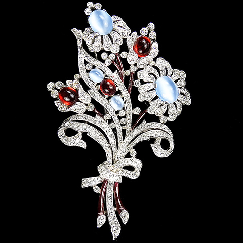 Trifari 'Alfred Philippe' Pave Red Enamel and Blue Moonstone and Ruby Cabochons Five Flowers Floral Spray with Bow Pin Clip